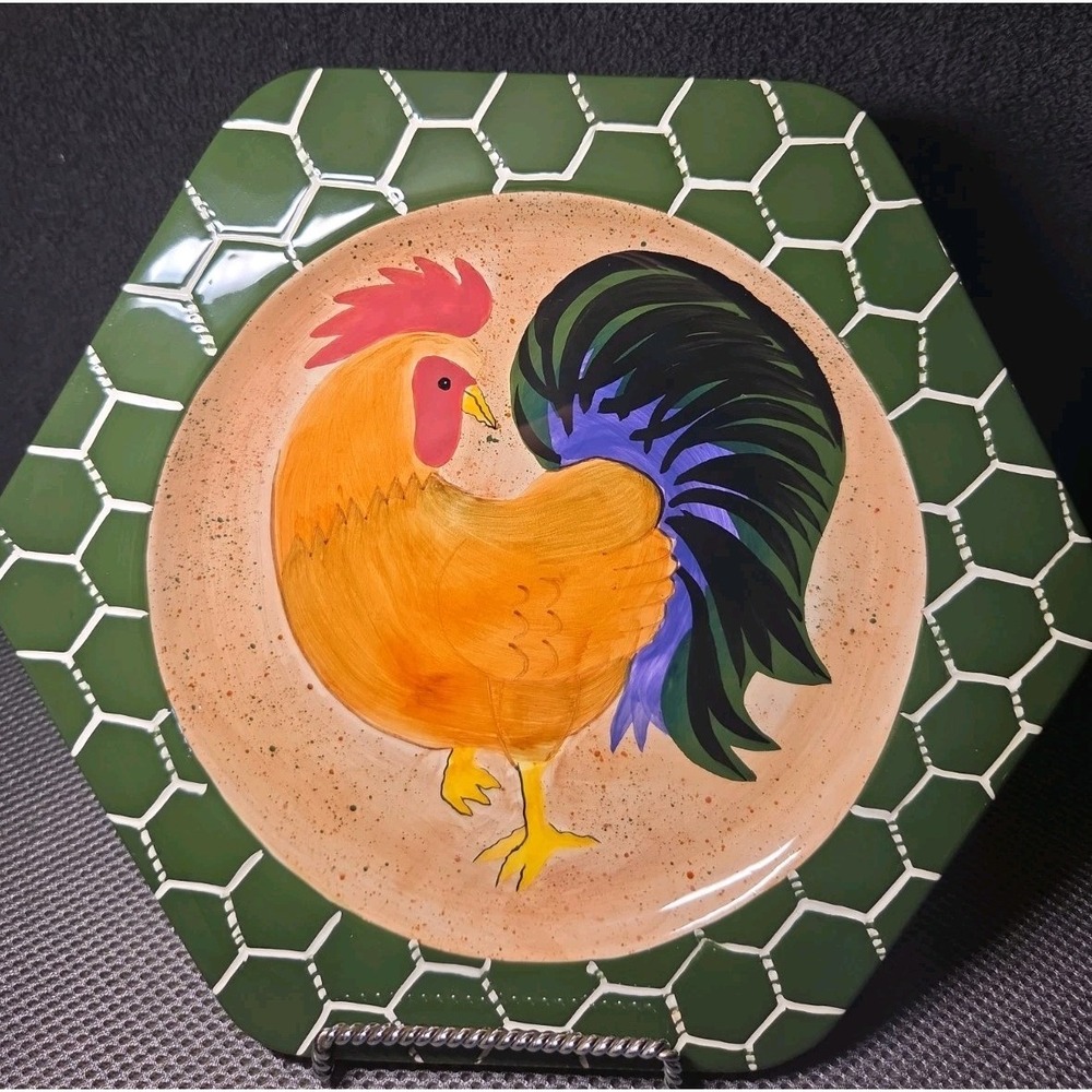 CBK Ltd Hand Painted Rooster Ceramic Plate 9" Hexagon Farmhouse Country Decor